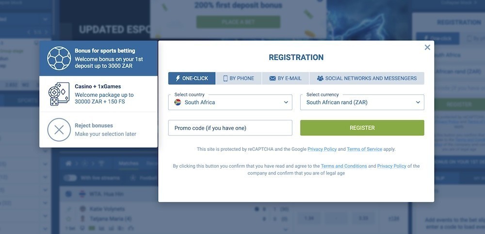 1xbet sign up pop up
